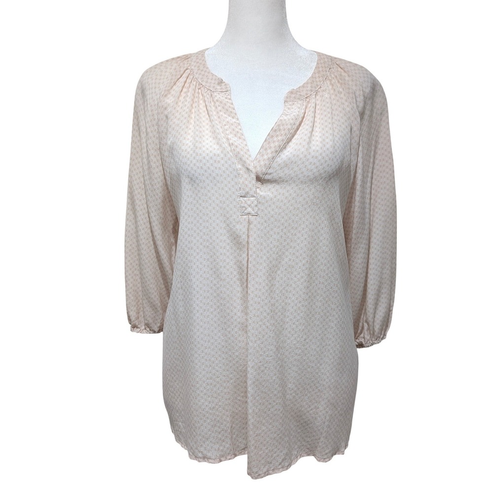 Joie Pink 100% Silk Pink Geometric Print Split Neck 3/4 Sleeve Blouse Top XS - Picture 2 of 8